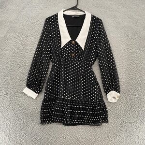 Zara Babydoll Mini Dress Womens XS Black Polka Dot Collar Wednesday Addams Retro